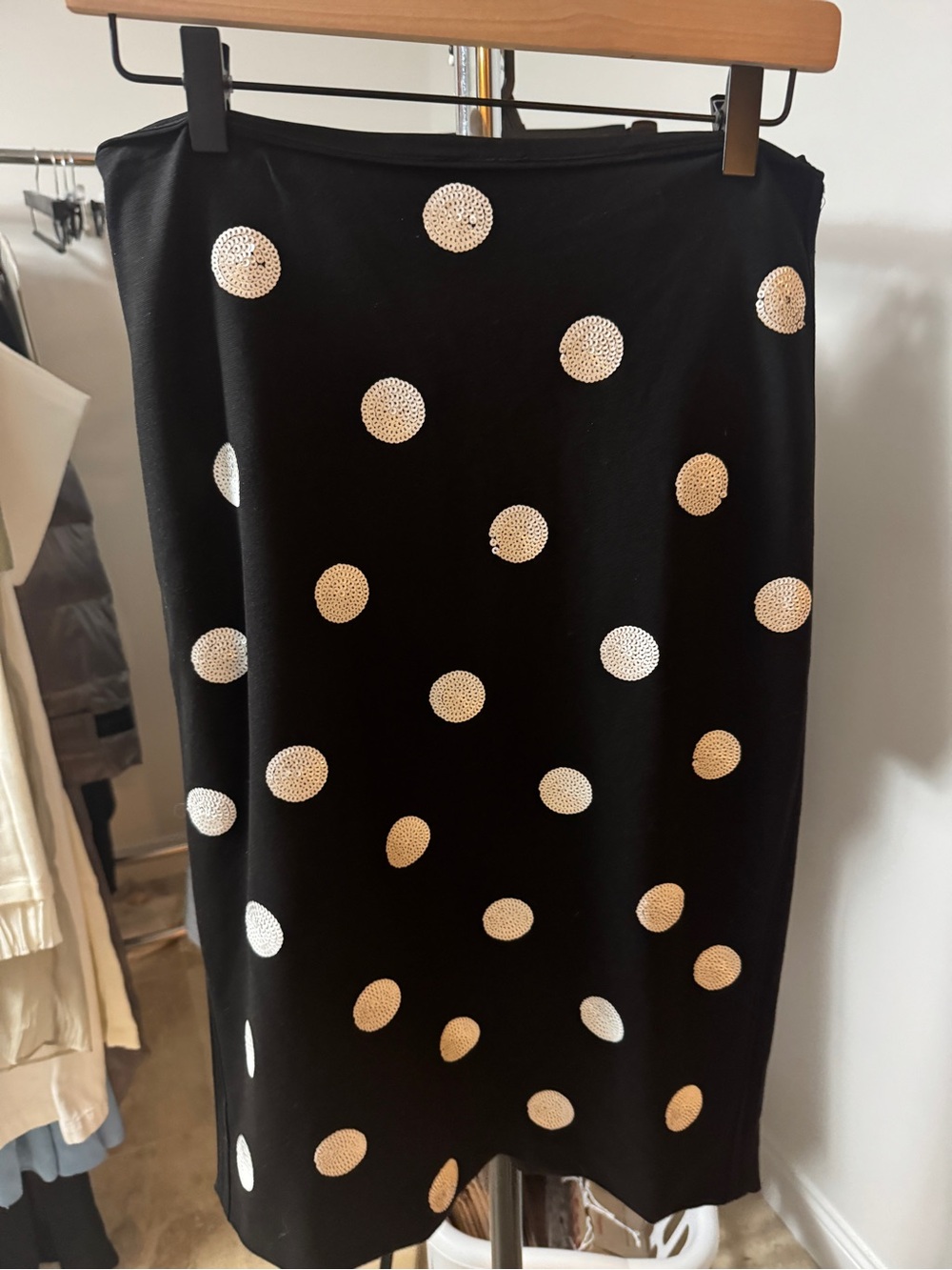 WHBM Black Polka Dot Knee-Length Skirt with Ivory Sequin Dots